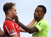 7 July 2022; Muzinga Glody Ngonda of Riga and Matty Smith of Derry City during the UEFA Europa Conference League 2022/23 First Qualifying Round First Leg match between Derry City and Riga at the Ryan McBride Brandywell Stadium in Derry. Photo by Stephen McCarthy/Sportsfile