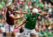 3 July 2022; Daithí Burke of Galway in action against Aaron Gillane of Limerick during the GAA Hurling All-Ireland Senior Championship Semi-Final match between Limerick and Galway at Croke Park in Dublin. Photo by Sam Barnes/Sportsfile