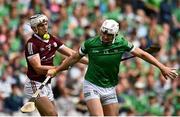 3 July 2022; Aaron Gillane of Limerick in action against Daithí Burke of Galway during the GAA Hurling All-Ireland Senior Championship Semi-Final match between Limerick and Galway at Croke Park in Dublin. Photo by Sam Barnes/Sportsfile