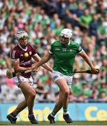 3 July 2022; Aaron Gillane of Limerick in action against Daithí Burke of Galway during the GAA Hurling All-Ireland Senior Championship Semi-Final match between Limerick and Galway at Croke Park in Dublin. Photo by Sam Barnes/Sportsfile