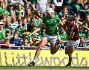 3 July 2022; Kyle Hayes of Limerick in action against Pádraic Mannion of Galway during the GAA Hurling All-Ireland Senior Championship Semi-Final match between Limerick and Galway at Croke Park in Dublin. Photo by Sam Barnes/Sportsfile