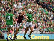 3 July 2022; Daithí Burke of Galway in action against Aaron Gillane of Limerick during the GAA Hurling All-Ireland Senior Championship Semi-Final match between Limerick and Galway at Croke Park in Dublin. Photo by Sam Barnes/Sportsfile