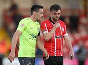 7 July 2022; Former Dundalk team-mates Raivis Jurkovskis of Riga and Will Patching of Derry City after the UEFA Europa Conference League 2022/23 First Qualifying Round First Leg match between Derry City and Riga at the Ryan McBride Brandywell Stadium in Derry. Photo by Stephen McCarthy/Sportsfile