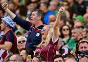 3 July 2022; A galway supporter celebrates a score during the GAA Hurling All-Ireland Senior Championship Semi-Final match between Limerick and Galway at Croke Park in Dublin. Photo by Sam Barnes/Sportsfile