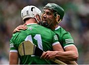 3 July 2022; Limerick players Seán Finn, right, and Kyle Hayes celebrate after their side's victory in the GAA Hurling All-Ireland Senior Championship Semi-Final match between Limerick and Galway at Croke Park in Dublin. Photo by Piaras Ó Mídheach/Sportsfile