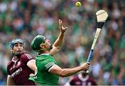 3 July 2022; Seán Finn of Limerick in action against Conor Cooney of Galway during the GAA Hurling All-Ireland Senior Championship Semi-Final match between Limerick and Galway at Croke Park in Dublin. Photo by Piaras Ó Mídheach/Sportsfile