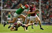 3 July 2022; Barry Nash of Limerick in action against Jason Flynn, left, and Joseph Cooney of Galway during the GAA Hurling All-Ireland Senior Championship Semi-Final match between Limerick and Galway at Croke Park in Dublin. Photo by Sam Barnes/Sportsfile