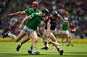 3 July 2022; Joseph Cooney of Galway in action against Diarmaid Byrnes, right, and Barry Nash of Limerick during the GAA Hurling All-Ireland Senior Championship Semi-Final match between Limerick and Galway at Croke Park in Dublin. Photo by Sam Barnes/Sportsfile