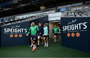 8 July 2022; Rob Herring, Gavin Coombes and Jimmy O’Brien walk out of the players tunnel for the Ireland rugby squad captain's run at Forsyth Barr Stadium in Dunedin, New Zealand. Photo by Brendan Moran/Sportsfile