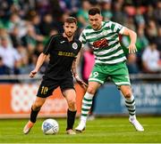 5 July 2022; Jurgen Degabriele of Hibernians in action against Aaron Greene of Shamrock Rovers during the UEFA Champions League 2022/23 First Qualifying Round First Leg match between Shamrock Rovers and Hibernians at Tallaght Stadium in Dublin. Photo by Stephen McCarthy/Sportsfile