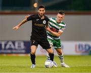 5 July 2022; Ayrton Attard of Hibernians in action against Andy Lyons of Shamrock Rovers during the UEFA Champions League 2022/23 First Qualifying Round First Leg match between Shamrock Rovers and Hibernians at Tallaght Stadium in Dublin. Photo by Stephen McCarthy/Sportsfile
