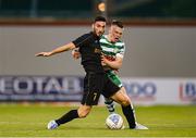 5 July 2022; Ayrton Attard of Hibernians in action against Andy Lyons of Shamrock Rovers during the UEFA Champions League 2022/23 First Qualifying Round First Leg match between Shamrock Rovers and Hibernians at Tallaght Stadium in Dublin. Photo by Stephen McCarthy/Sportsfile