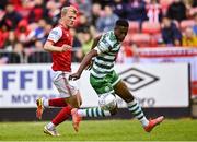 27 June 2022; Aidomo Emakhu of Shamrock Rovers in action against Tom Grivosti of St Patrick's Athletic during the SSE Airtricity League Premier Division match between St Patrick's Athletic and Shamrock Rovers at Richmond Park in Dublin. Photo by Piaras Ó Mídheach/Sportsfile