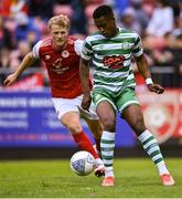 27 June 2022; Aidomo Emakhu of Shamrock Rovers in action against Tom Grivosti of St Patrick's Athletic during the SSE Airtricity League Premier Division match between St Patrick's Athletic and Shamrock Rovers at Richmond Park in Dublin. Photo by Piaras Ó Mídheach/Sportsfile