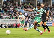 5 July 2022; Aidomo Emakhu of Shamrock Rovers has a shot on goal during the UEFA Champions League 2022/23 First Qualifying Round First Leg match between Shamrock Rovers and Hibernians at Tallaght Stadium in Dublin. Photo by Stephen McCarthy/Sportsfile