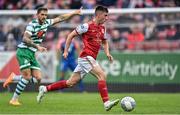27 June 2022; Darragh Burns of St Patrick's Athletic in action against Lee Grace of Shamrock Rovers during the SSE Airtricity League Premier Division match between St Patrick's Athletic and Shamrock Rovers at Richmond Park in Dublin. Photo by Piaras Ó Mídheach/Sportsfile