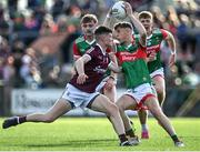 8 July 2022; Colm McHale of Mayo in action against Cillian Trayers of Galway during the Electric Ireland GAA Football All-Ireland Minor Championship Final match between Galway and Mayo at Dr Hyde Park in Roscommon. Photo by Piaras Ó Mídheach/Sportsfile