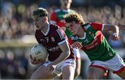 8 July 2022; Ross Coen of Galway in action against Diarmuid Duffy of Mayo during the Electric Ireland GAA Football All-Ireland Minor Championship Final match between Galway and Mayo at Dr Hyde Park in Roscommon. Photo by Piaras Ó Mídheach/Sportsfile
