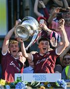 8 July 2022; Galway joint-captains Jack Lonergan, left, and Éanna Monaghan lift the Tom Markham cup after their side's victory in the Electric Ireland GAA Football All-Ireland Minor Championship Final match between Galway and Mayo at Dr Hyde Park in Roscommon. Photo by Piaras Ó Mídheach/Sportsfile