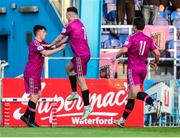8 July 2022; Thomas Considine of Wexford, left, celebrates after scoring his side's first goal with team-mate Conor Crowley during the SSE Airtricity League First Division match between Waterford and Wexford at RSC in Waterford. Photo by Michael P Ryan/Sportsfile