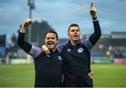 8 July 2022; Drogheda United manager Kevin Doherty, right, with assistant manager Daire Doyle after their victory in the SSE Airtricity League Premier Division match between Drogheda United and Dundalk at Head in the Game Park in Drogheda, Louth. Photo by Ramsey Cardy/Sportsfile