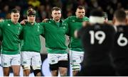 9 July 2022; Ireland players, from left, Jonathan Sexton, Josh van der Flier, Peter O’Mahony and Tadhg Beirne face the 'haka' before the Steinlager Series match between New Zealand and Ireland at the Forsyth Barr Stadium in Dunedin, New Zealand. Photo by Brendan Moran/Sportsfile