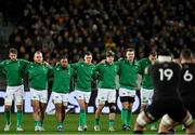 9 July 2022; The Ireland team face the 'haka' before the Steinlager Series match between New Zealand and Ireland at the Forsyth Barr Stadium in Dunedin, New Zealand. Photo by Brendan Moran/Sportsfile