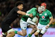 9 July 2022; Mack Hansen of Ireland is tackled by Ardie Savea of New Zealand during the Steinlager Series match between New Zealand and Ireland at the Forsyth Barr Stadium in Dunedin, New Zealand. Photo by Brendan Moran/Sportsfile