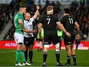 9 July 2022; Leicester Fainga'anuku of New Zealand is shown a yellow card by referee Jaco Peyper during the Steinlager Series match between New Zealand and Ireland at the Forsyth Barr Stadium in Dunedin, New Zealand. Photo by Brendan Moran/Sportsfile