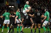 9 July 2022; Mack Hansen of Ireland wins possession from a high ball during the Steinlager Series match between New Zealand and Ireland at the Forsyth Barr Stadium in Dunedin, New Zealand. Photo by Brendan Moran/Sportsfile