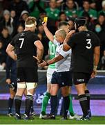 9 July 2022; Referee Jaco Peyper shows a yellow card to Ofa Tu'ungafasi of New Zealand, 3, during the Steinlager Series match between New Zealand and Ireland at the Forsyth Barr Stadium in Dunedin, New Zealand. Photo by Brendan Moran/Sportsfile