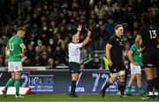 9 July 2022; Referee Jaco Peyper shows a red card to Angus Ta'avao of New Zealand, not pictured, during the Steinlager Series match between New Zealand and Ireland at the Forsyth Barr Stadium in Dunedin, New Zealand. Photo by Brendan Moran/Sportsfile