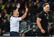 9 July 2022; Referee Jaco Peyper shows a red card to Angus Ta'avao of New Zealand, not pictured, during the Steinlager Series match between New Zealand and Ireland at the Forsyth Barr Stadium in Dunedin, New Zealand. Photo by Brendan Moran/Sportsfile