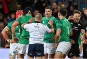 9 July 2022; Ireland captain Jonathan Sexton, centre, reacts to a New Zealand try scored by Beauden Barrett, right, during the Steinlager Series match between New Zealand and Ireland at the Forsyth Barr Stadium in Dunedin, New Zealand. Photo by Brendan Moran/Sportsfile