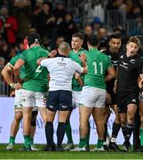 9 July 2022; Ireland captain Jonathan Sexton, centre, reacts to a New Zealand try scored by Beauden Barrett, right, during the Steinlager Series match between New Zealand and Ireland at the Forsyth Barr Stadium in Dunedin, New Zealand. Photo by Brendan Moran/Sportsfile