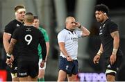 9 July 2022; Referee Jaco Peyper checks with his officials regarding the availibility of Ardie Savea of New Zealand after a New Zealand red card during the Steinlager Series match between New Zealand and Ireland at the Forsyth Barr Stadium in Dunedin, New Zealand. Photo by Brendan Moran/Sportsfile