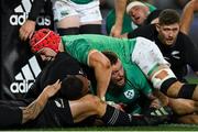 9 July 2022; Andrew Porter of Ireland celebrates with teammate Josh van der Flier, above, after scoring his side's second try during the Steinlager Series match between New Zealand and Ireland at the Forsyth Barr Stadium in Dunedin, New Zealand. Photo by Brendan Moran/Sportsfile