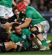 9 July 2022; Andrew Porter of Ireland celebrates with teammate Josh van der Flier, right, after scoring his side's second try during the Steinlager Series match between New Zealand and Ireland at the Forsyth Barr Stadium in Dunedin, New Zealand. Photo by Brendan Moran/Sportsfile
