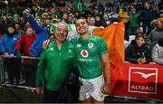 9 July 2022; James Lowe of Ireland, with his father Geoff, after his side's victory in the Steinlager Series match between New Zealand and Ireland at the Forsyth Barr Stadium in Dunedin, New Zealand. Photo by Brendan Moran/Sportsfile