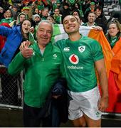 9 July 2022; James Lowe of Ireland, with his father Geoff, after his side's victory in the Steinlager Series match between New Zealand and Ireland at the Forsyth Barr Stadium in Dunedin, New Zealand. Photo by Brendan Moran/Sportsfile