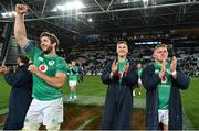 9 July 2022; Ireland players, from left, Caelan Doris, Jonathan Sexton, and Tadhg Furlong celebrate their side's victory in the Steinlager Series match between New Zealand and Ireland at the Forsyth Barr Stadium in Dunedin, New Zealand. Photo by Brendan Moran/Sportsfile