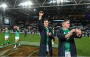 9 July 2022; Jonathan Sexton, left, and Tadhg Furlong of Ireland celebrate their side's victory in the Steinlager Series match between New Zealand and Ireland at the Forsyth Barr Stadium in Dunedin, New Zealand. Photo by Brendan Moran/Sportsfile