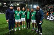 9 July 2022; Ireland and Connacht players, from left, Cian Prendergast, Finlay Bealham, Mack Hansen, Dave Heffernan, Bundee Aki, with assistant coach Peter Wilkins after the Steinlager Series match between New Zealand and Ireland at the Forsyth Barr Stadium in Dunedin, New Zealand. Photo by Brendan Moran/Sportsfile Photo by Brendan Moran/Sportsfile