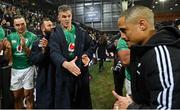 9 July 2022; Ireland captain Jonathan Sexton and Aaron Smith of New Zealand after the Steinlager Series match between New Zealand and Ireland at the Forsyth Barr Stadium in Dunedin, New Zealand. Photo by Brendan Moran/Sportsfile