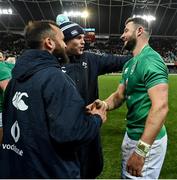 9 July 2022; Ireland players Jamison Gibson Park, left, Garry Ringrose, centre, and Robbie Henshaw after their side's victory in the Steinlager Series match between New Zealand and Ireland at the Forsyth Barr Stadium in Dunedin, New Zealand. Photo by Brendan Moran/Sportsfile