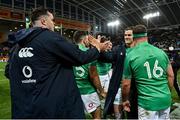 9 July 2022; Jonathan Sexton, right, and James Ryan of Ireland after their side's victory in the Steinlager Series match between New Zealand and Ireland at the Forsyth Barr Stadium in Dunedin, New Zealand. Photo by Brendan Moran/Sportsfile