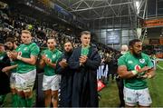 9 July 2022; Ireland players, from left, Kieran Treadwell, James Lowe, Jamison Gibson Park, Jonathan Sexton and Bundee Aki after the Steinlager Series match between New Zealand and Ireland at the Forsyth Barr Stadium in Dunedin, New Zealand. Photo by Brendan Moran/Sportsfile
