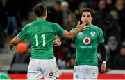 9 July 2022; Joey Carbery, right, and James Lowe of Ireland celebrate at the final whistle of the Steinlager Series match between the New Zealand and Ireland at the Forsyth Barr Stadium in Dunedin, New Zealand. Photo by Brendan Moran/Sportsfile