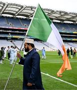 9 July 2022; Muslim worshipers join Shaykh Dr Umar Al-Qadri as they offer Eid al-Adha prayers on the pitch in Croke Park during the celebration of Eid Al-Adha at Croke Park in Dublin. Photo by Ray McManus/Sportsfile