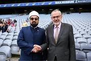 9 July 2022; Uachtarán Chumann Lúthchleas Gael Larry McCarthy with Shaykh Dr Umar Al-Qadri as they offer Eid al-Adha prayers on the pitch in Croke Park during the celebration of Eid Al-Adha at Croke Park in Dublin. Photo by Ray McManus/Sportsfile